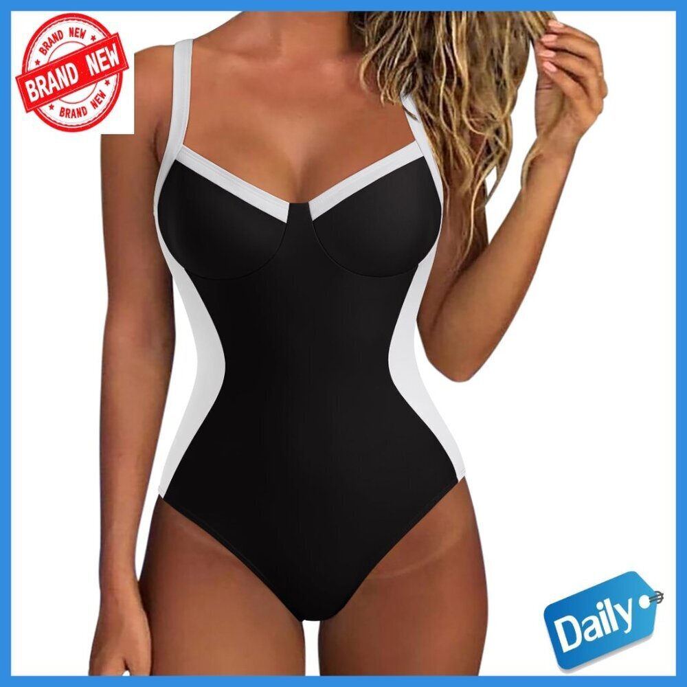 Large Tummy Control One Piece Swimsuit Crisscross Back Nylon Spandex